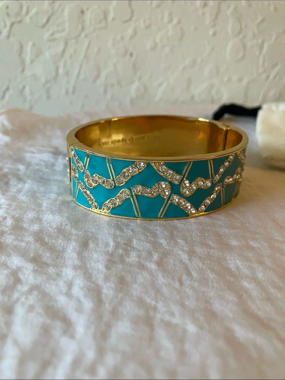 kate spade: Turquoise Enamel & Gold Tone Crystal-Accent Bangle- Hinge- Dust Bag